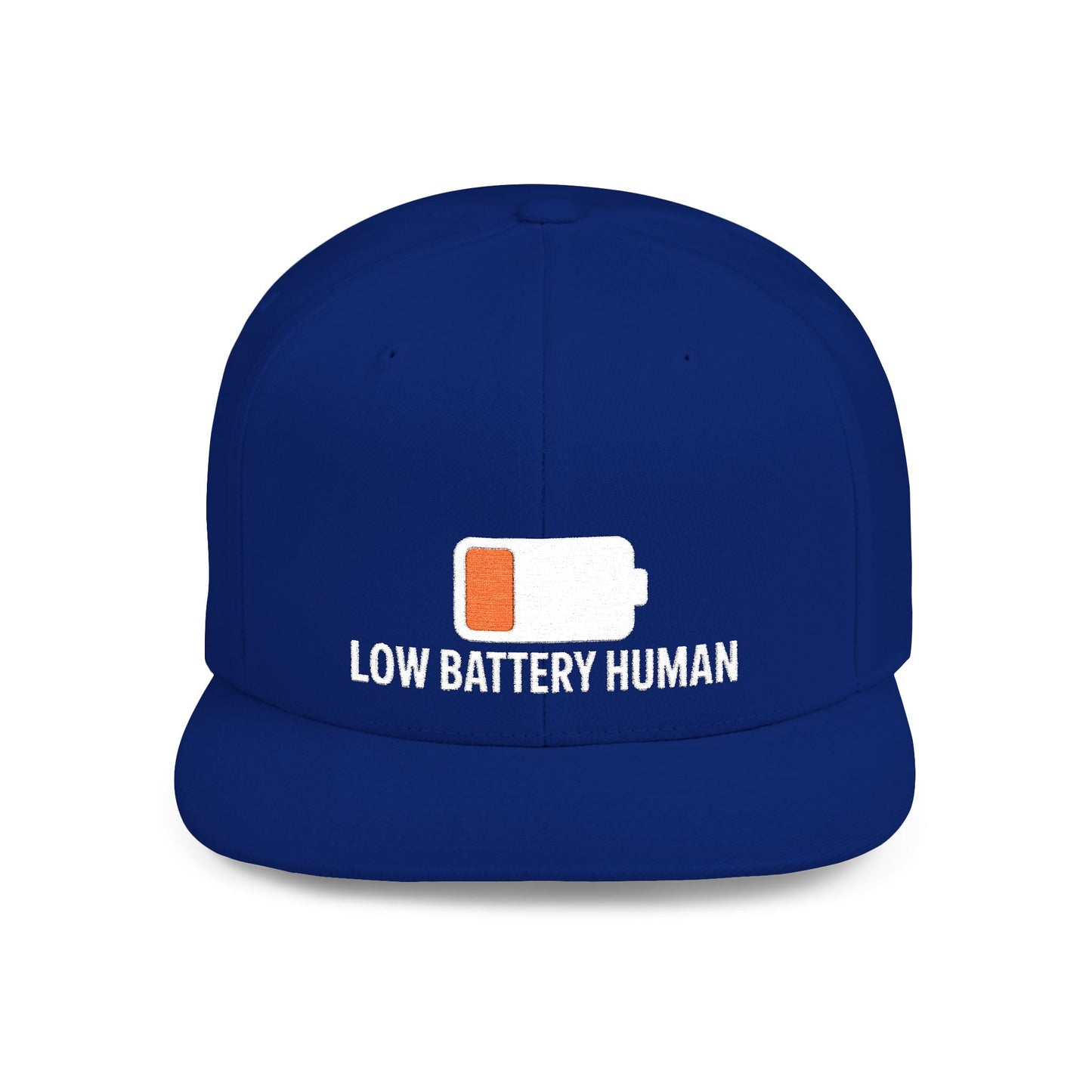 Blue cap with 'Low Battery Human' text and battery icon on a white background
