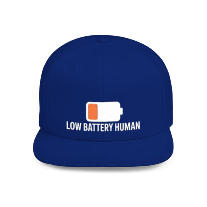 Blue cap with 'Low Battery Human' text and battery icon on a white background