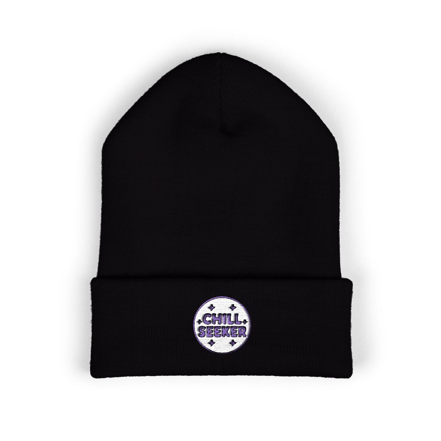 Black beanie with 'Chill Seeker' logo on a white background