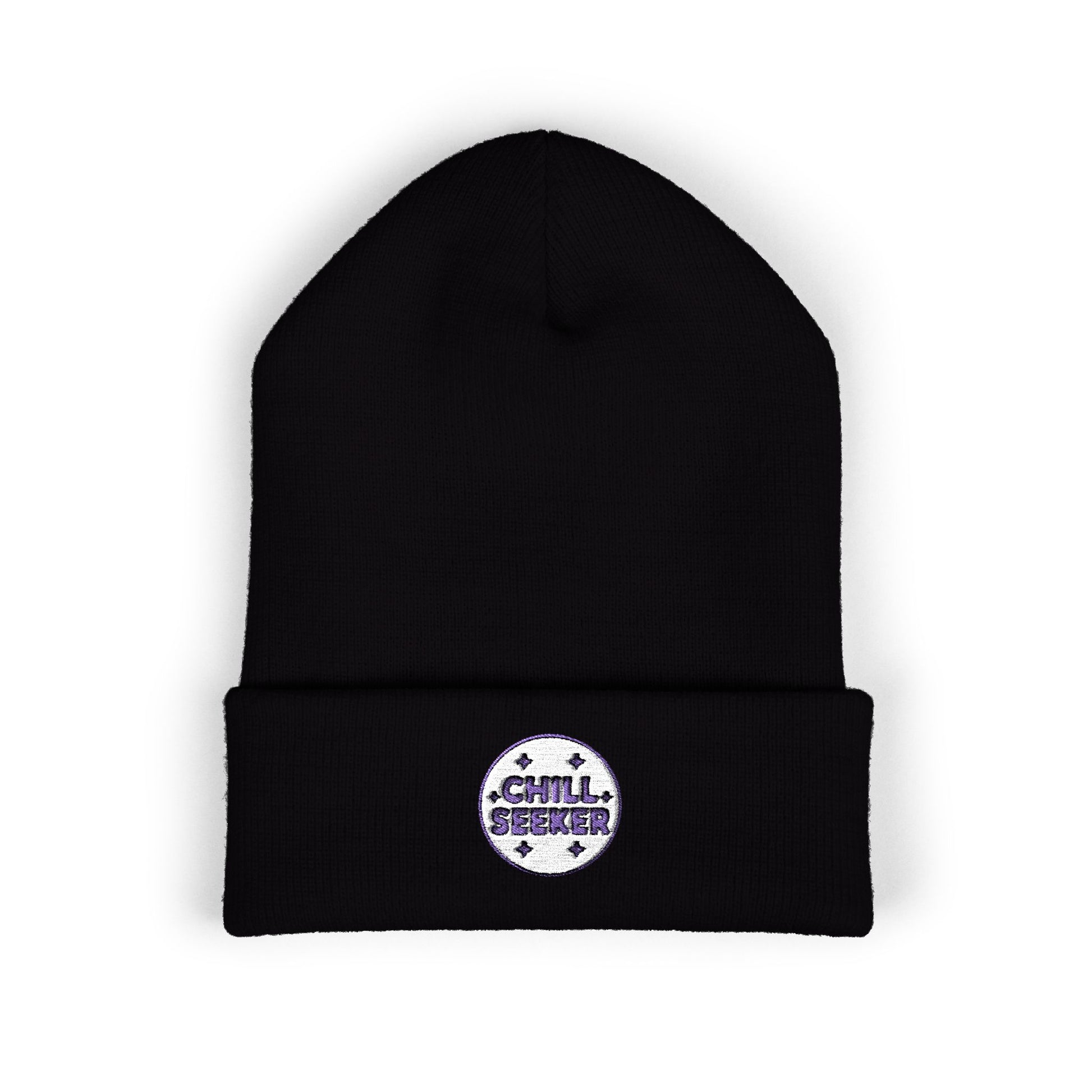 Black beanie with 'Chill Seeker' logo on a white background