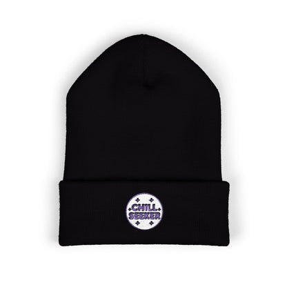 Black beanie with 'Chill Seeker' logo on a white background