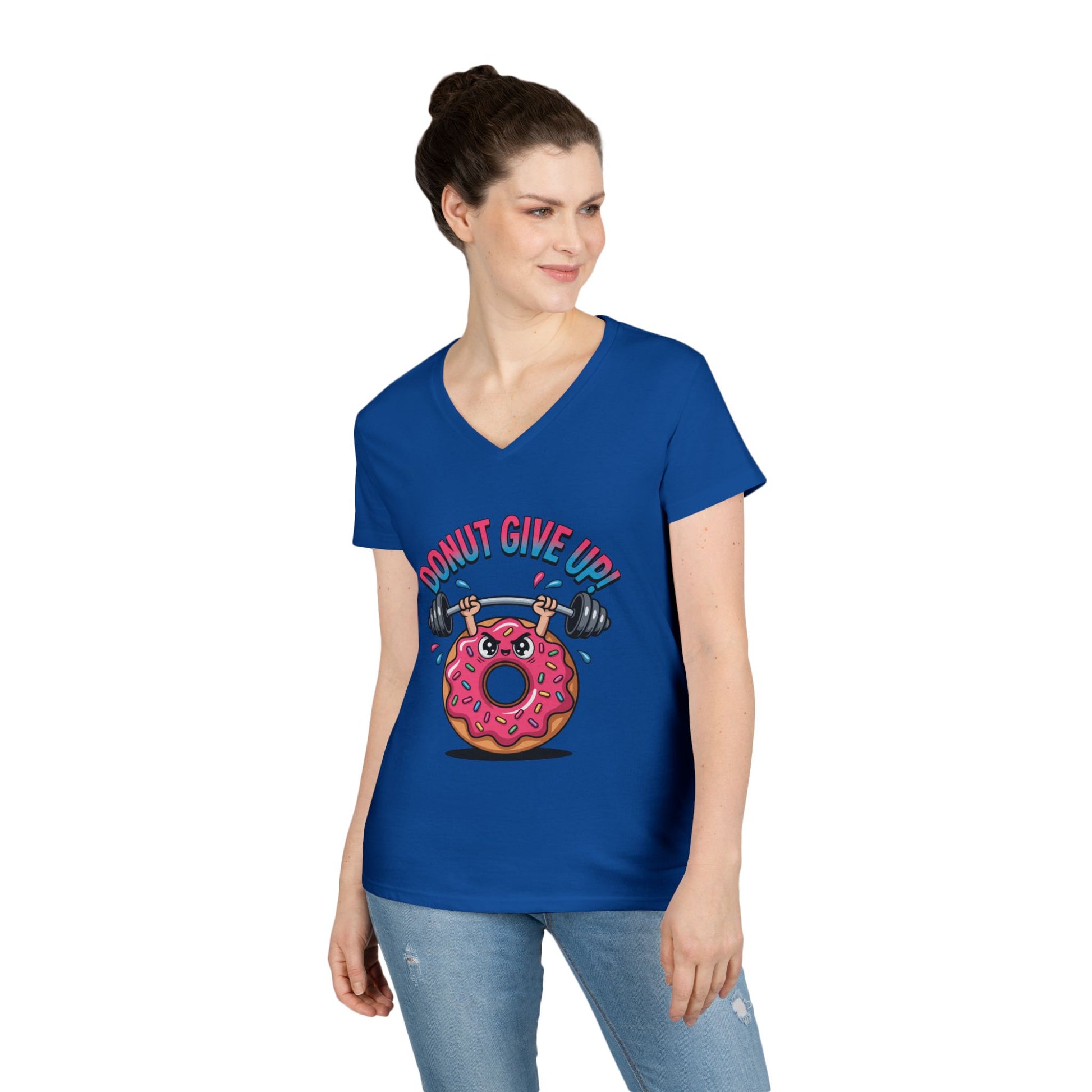 Donut Give Up Fitness Humor Graphic V-Neck T-Shirt for Women | TEEZOCA 