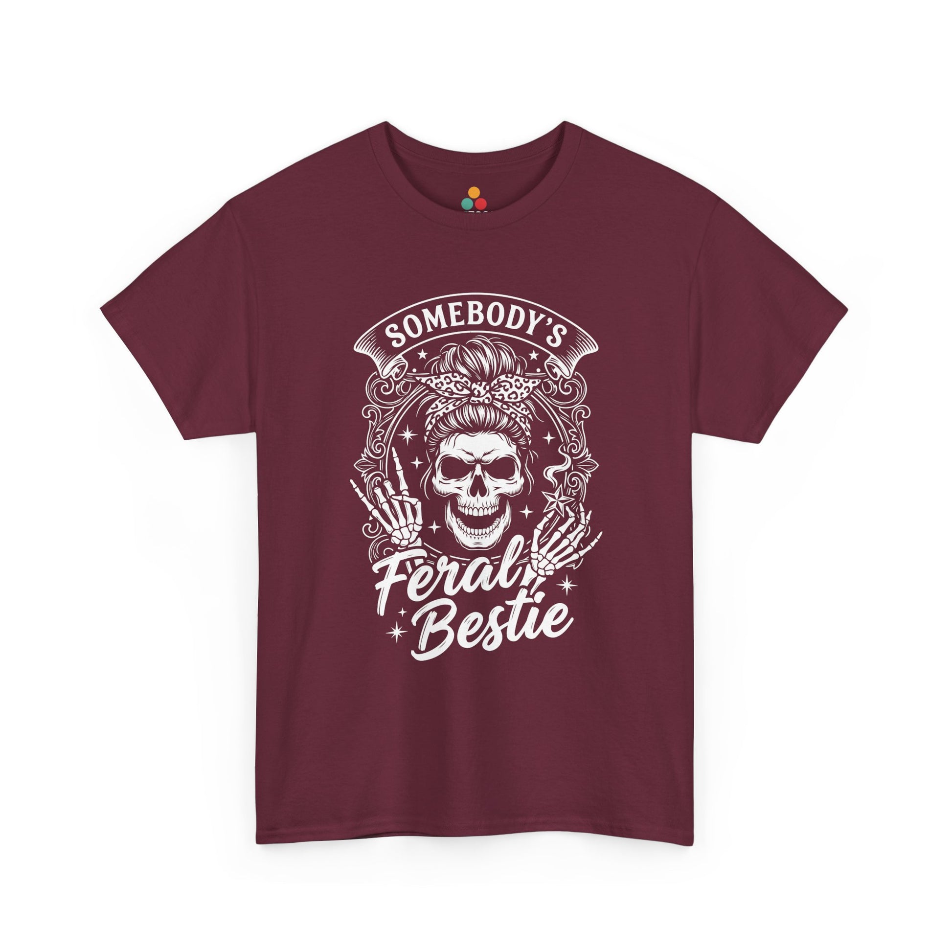 Somebody's Feral Bestie T-Shirt – Edgy Skeleton Messy Bun Graphic Tee | TEEZOCA 
