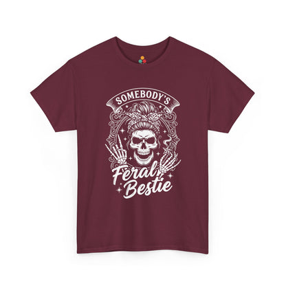 Somebody's Feral Bestie T-Shirt – Edgy Skeleton Messy Bun Graphic Tee | TEEZOCA 