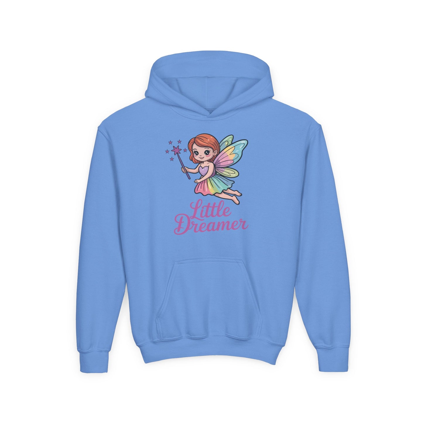 Youth hoodie with pastel fairy illustration and Little Dreamer text TEEZOCA