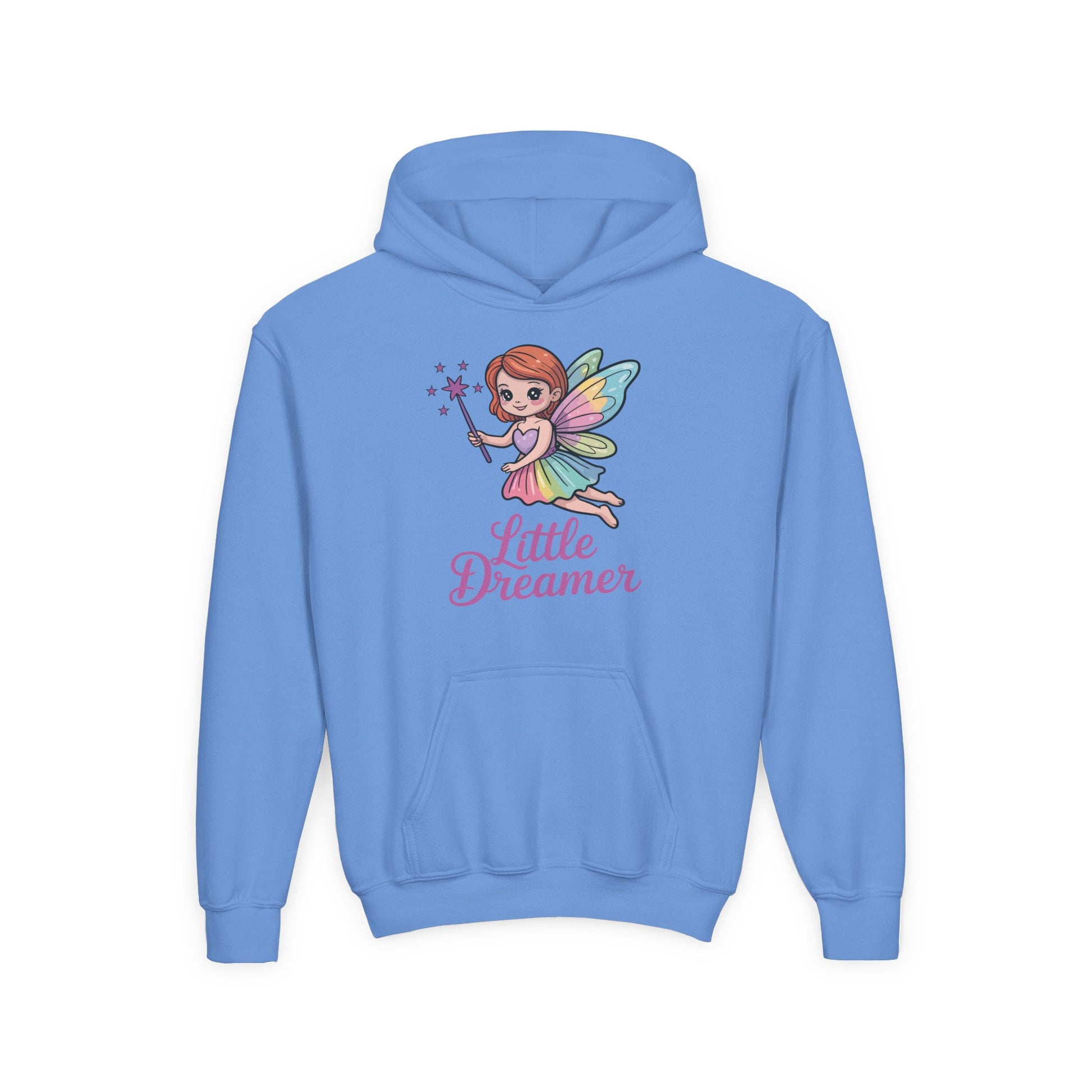Youth hoodie with pastel fairy illustration and Little Dreamer text TEEZOCA