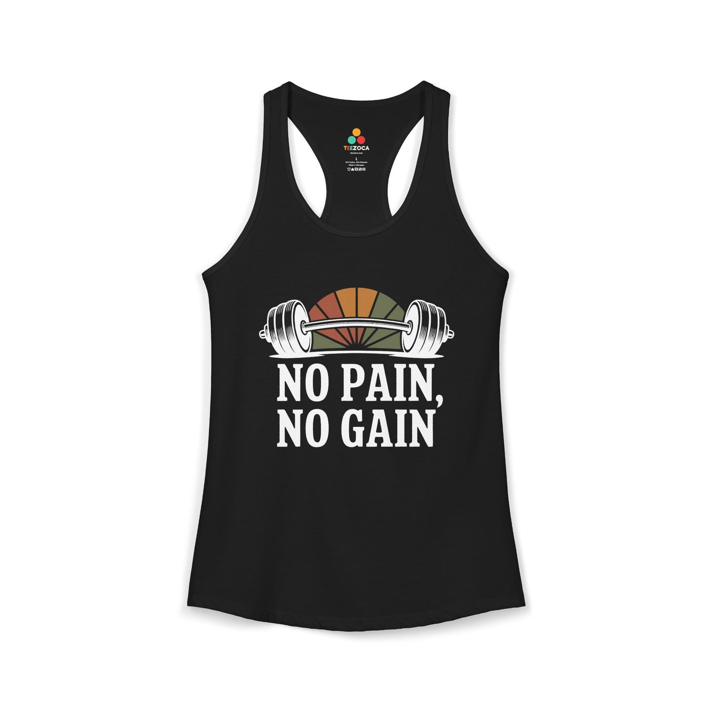TEEZOCA women’s gym tank top with “No Pain No Gain” barbell fitness design