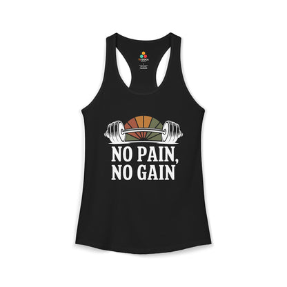 TEEZOCA women’s gym tank top with “No Pain No Gain” barbell fitness design