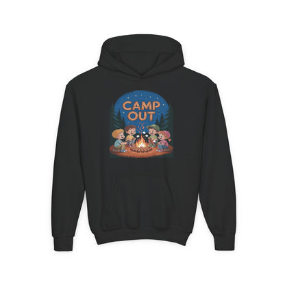 Kids hoodie with Camp Out camping campfire illustration TEEZOCA