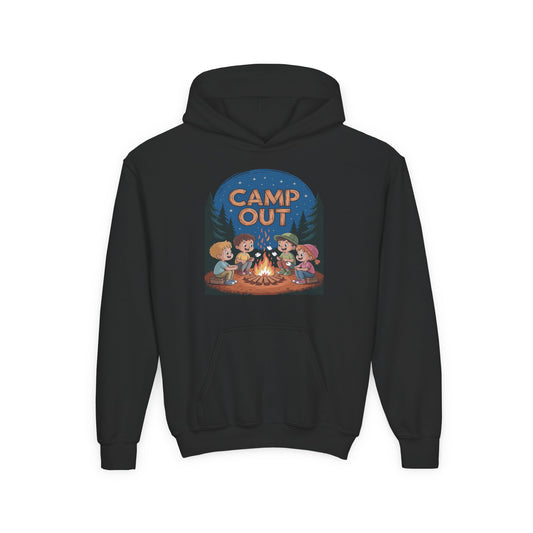 Kids hoodie with Camp Out camping campfire illustration TEEZOCA