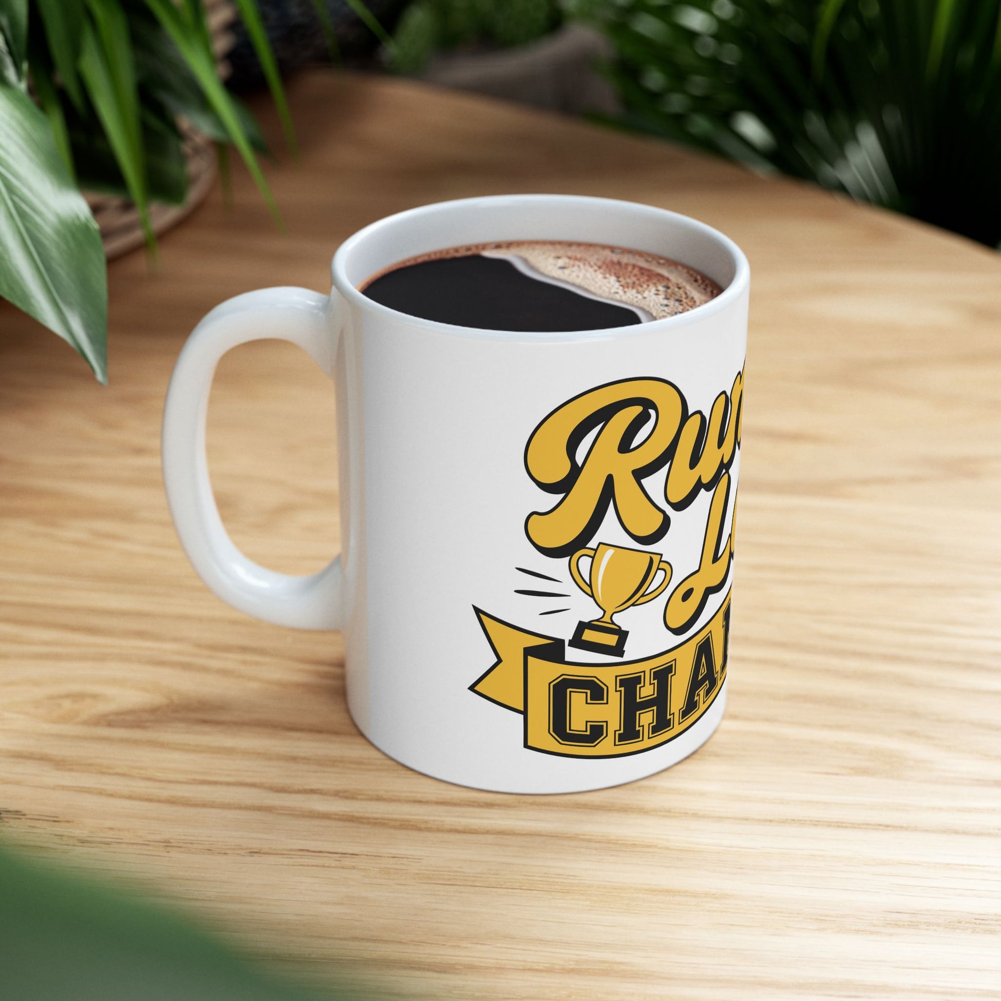 TEEZOCA Running Late Champion trophy style quote mug