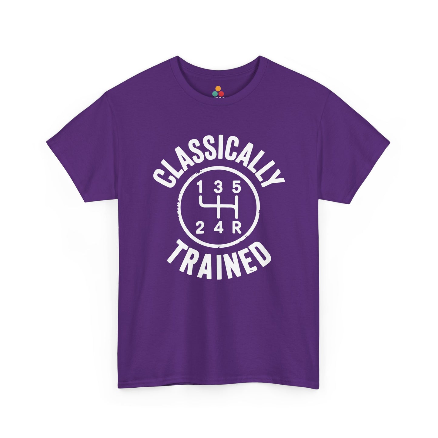 Purple t‑shirt with bold white “Classically Trained” gear‑shift artwork, flat front view.