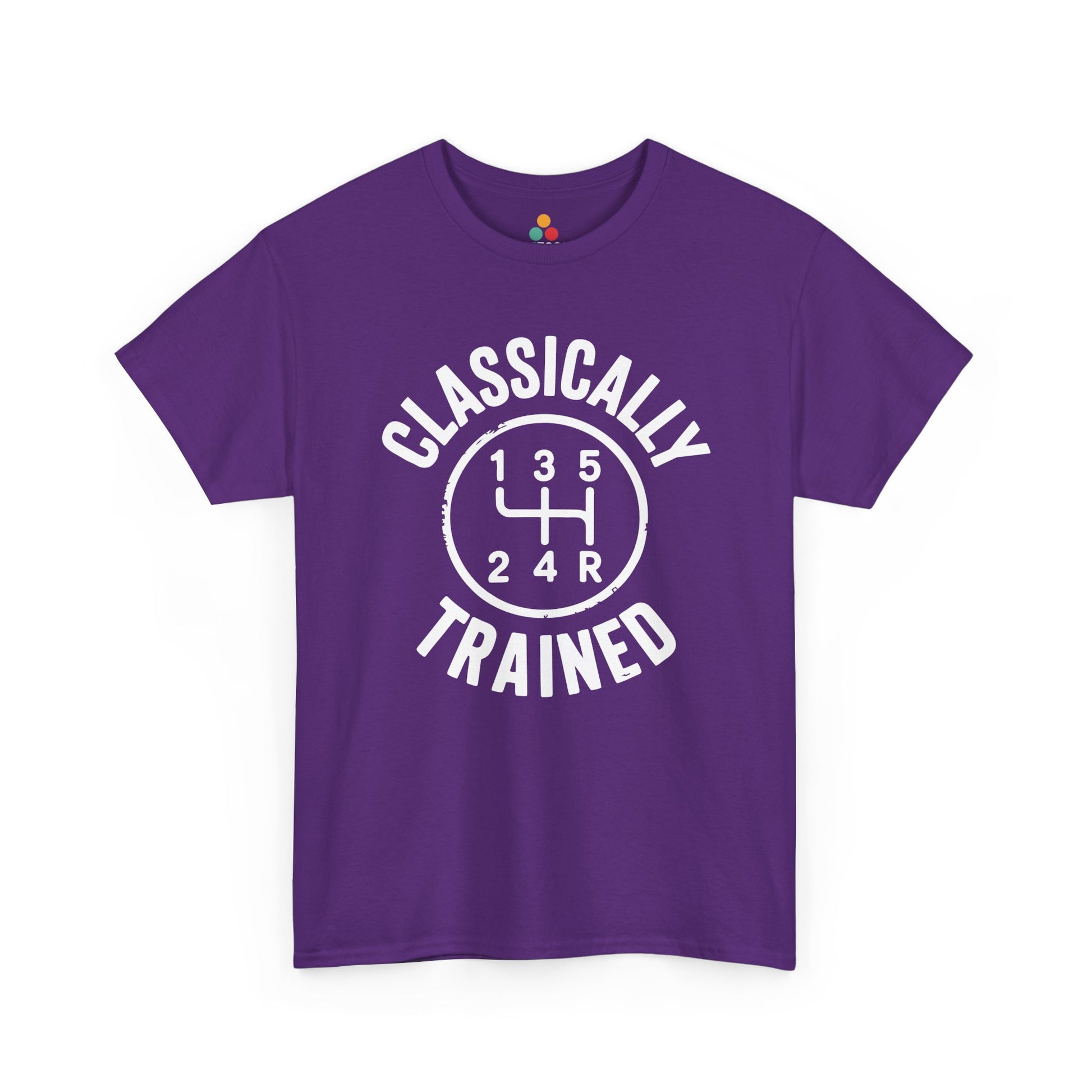 Purple t‑shirt with bold white “Classically Trained” gear‑shift artwork, flat front view.