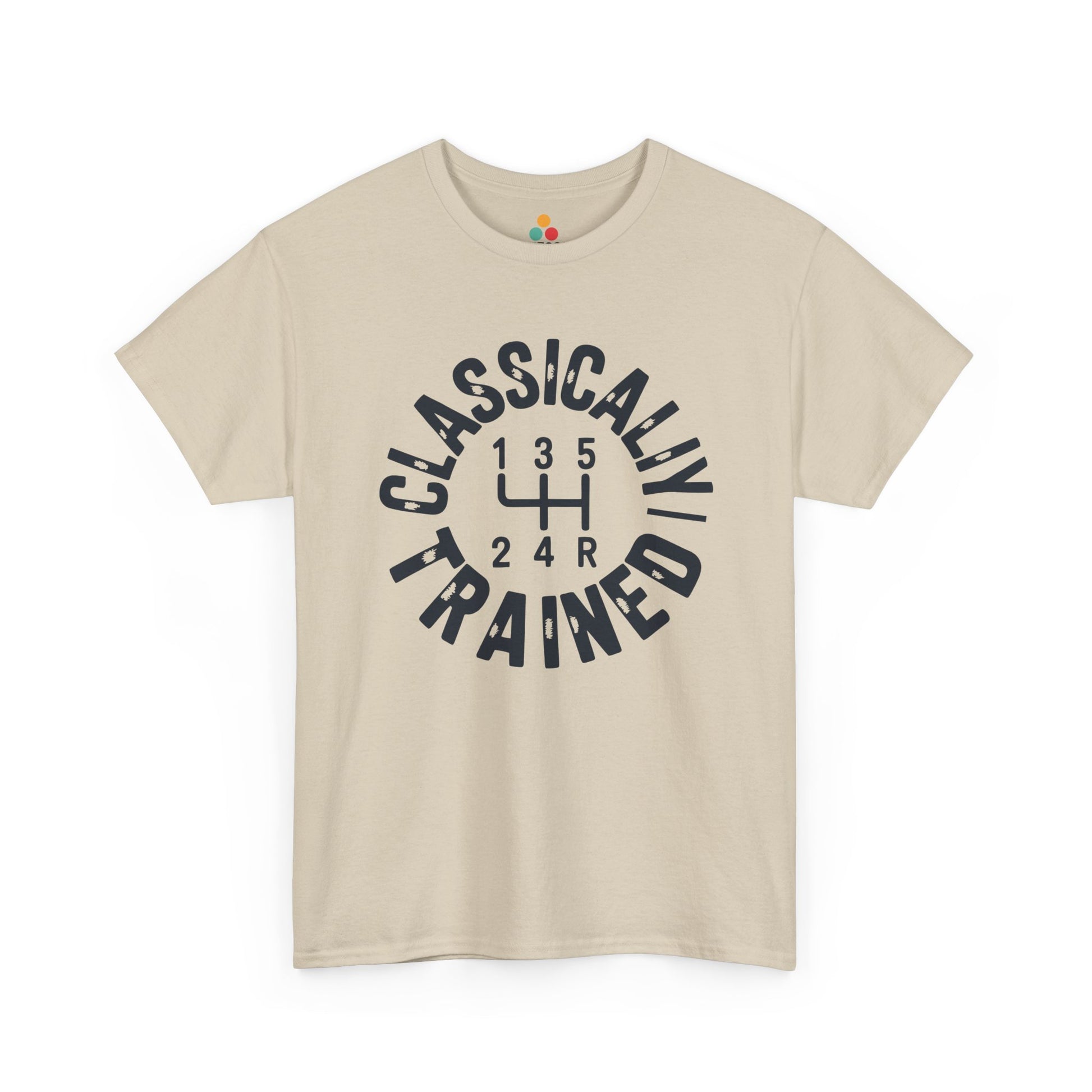 Cream t‑shirt with black “Classically Trained” gear‑shift graphic, flat front view.
