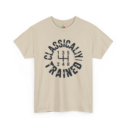 Cream t‑shirt with black “Classically Trained” gear‑shift graphic, flat front view.