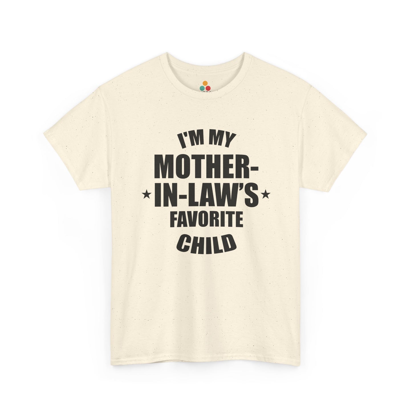 Cream unisex t‑shirt with large black “I’m My Mother‑In‑Law’s Favorite Child” text and stars, flat front view.
