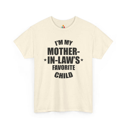 Cream unisex t‑shirt with large black “I’m My Mother‑In‑Law’s Favorite Child” text and stars, flat front view.