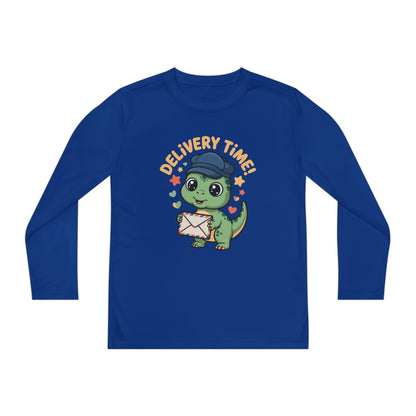 Youth Long Sleeve Tee — Cute Dino 'Delivery Time!' Mail Carrier Shirt TEEZOCA