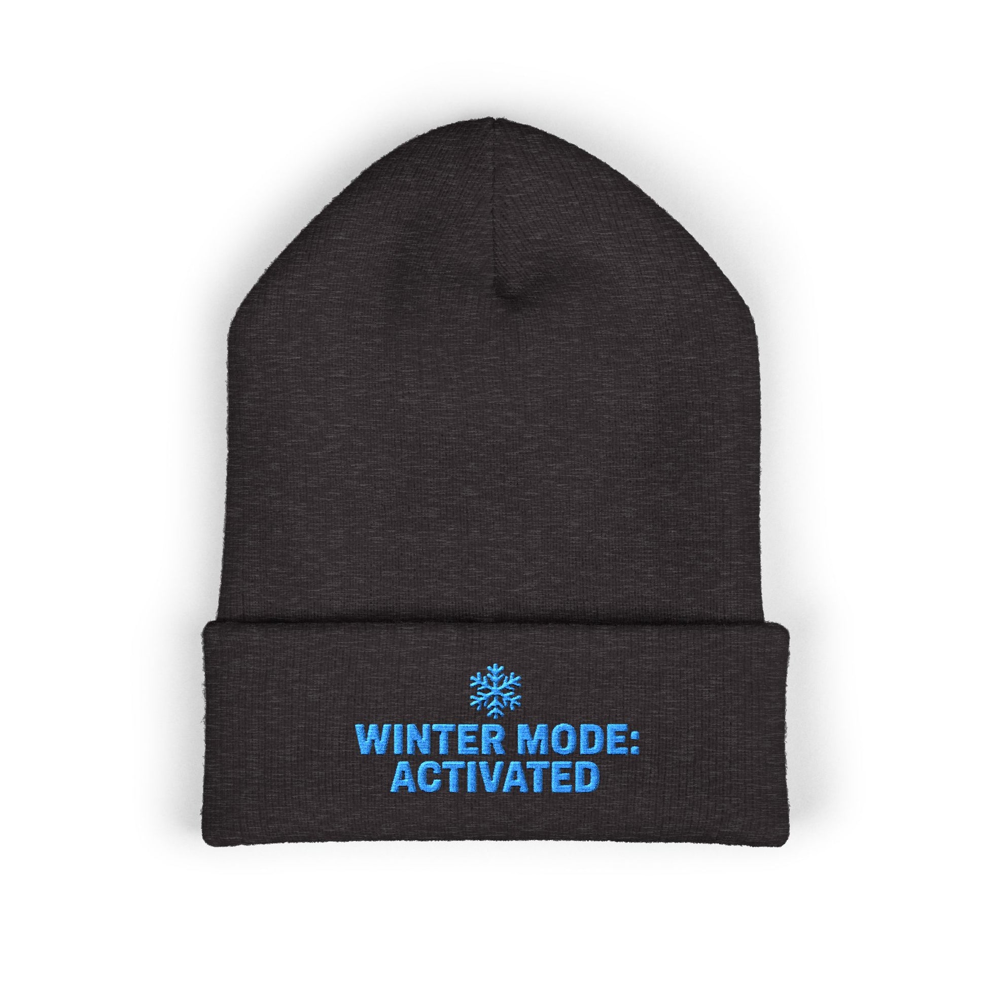Black beanie with 'Winter Mode: Activated' text on a white background. Cozy embroidered beanie featuring Winter Mode Activated design