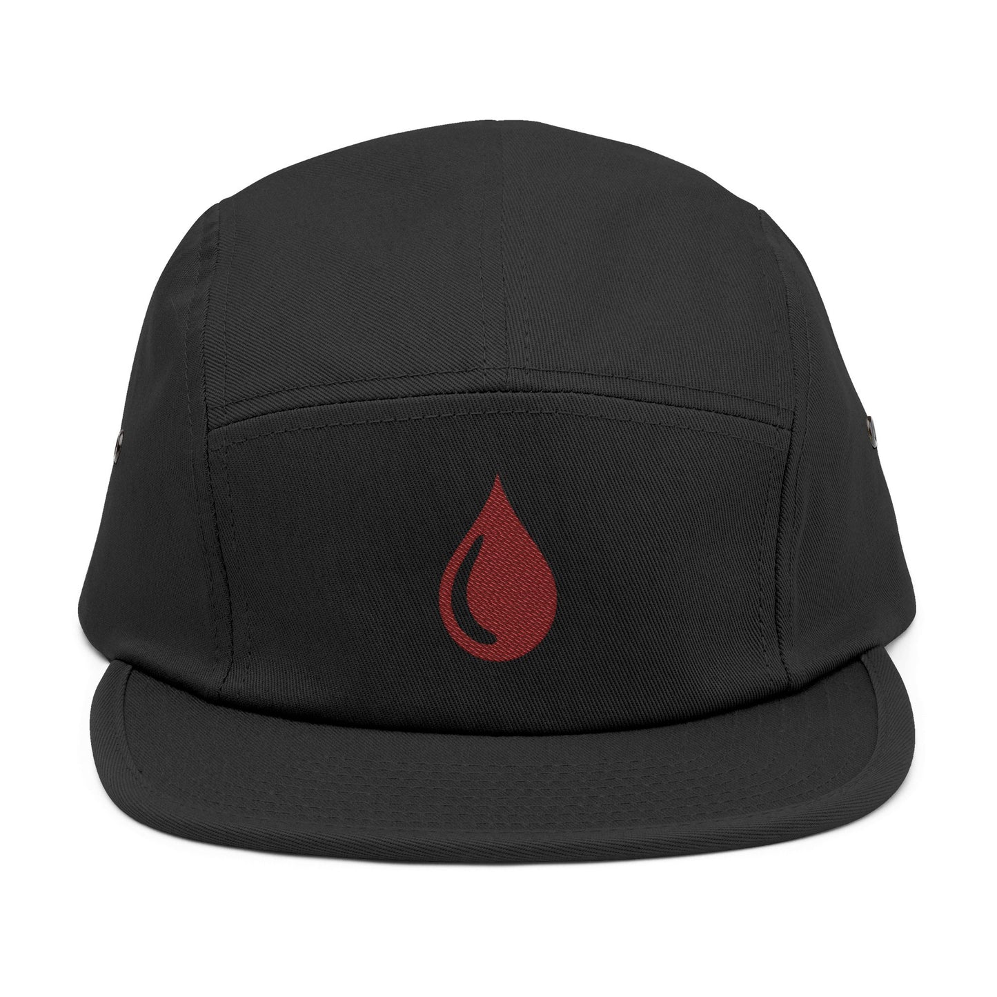 Black cap with a red droplet symbol on a white background. Minimal coffee drop icon embroidered in a clean, modern style 5-panel cap. TEEZOCA