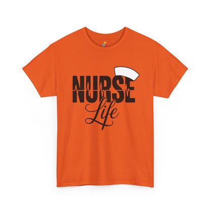 Orange t-shirt with 'NURSE LIFE' text on a white background