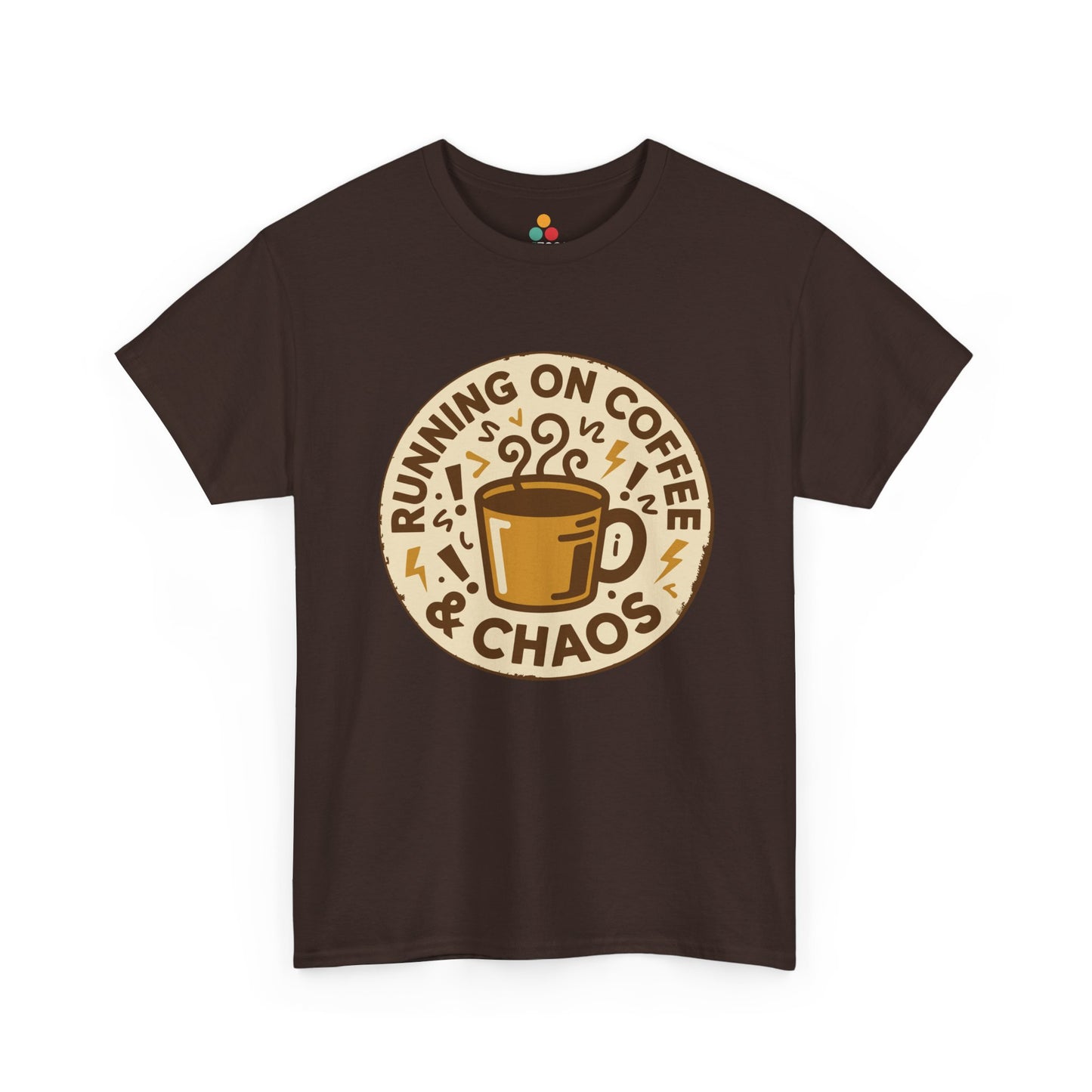 TEEZOCA brown “Running On Coffee & Chaos” retro coffee cup graphic tee displayed flat.