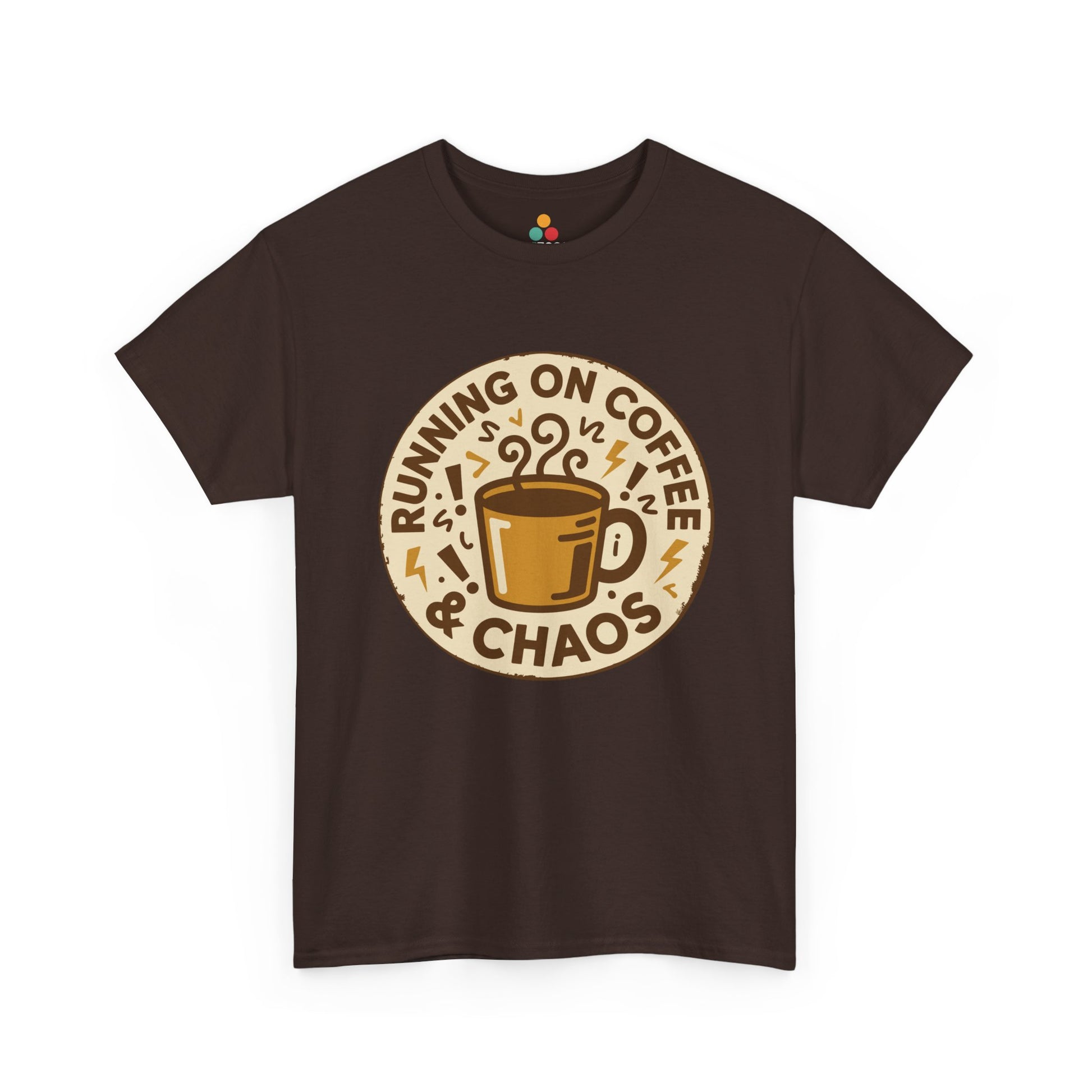 TEEZOCA brown “Running On Coffee & Chaos” retro coffee cup graphic tee displayed flat.