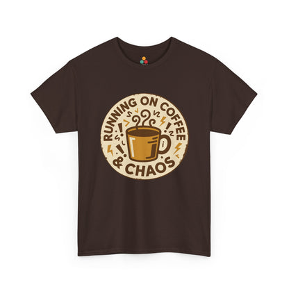 TEEZOCA brown “Running On Coffee & Chaos” retro coffee cup graphic tee displayed flat.