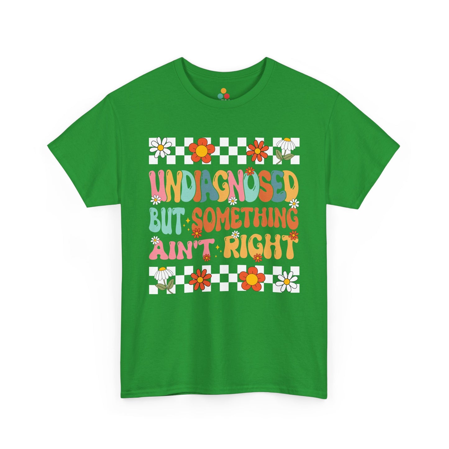 Green t-shirt with colorful text and floral patterns on a white background