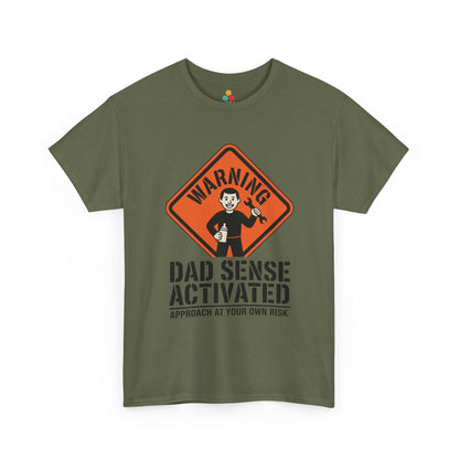 TEEZOCA military green “Warning Dad Sense Activated Approach At Your Own Risk” humorous Father’s Day t-shirt shown flat.