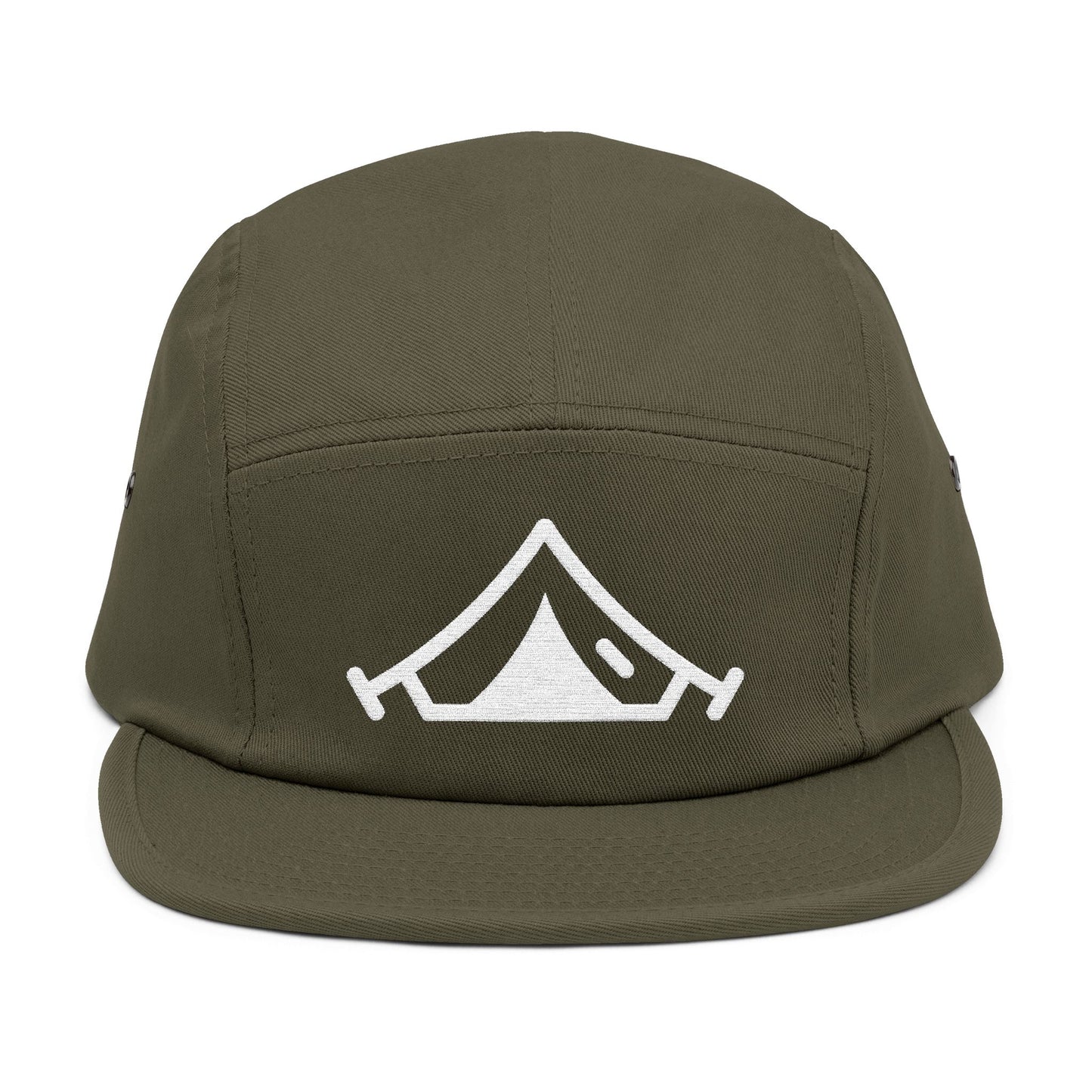 Green cap with a white tent logo on a white background. Minimal embroidered camping tent icon in bold line style. TEEZOCA