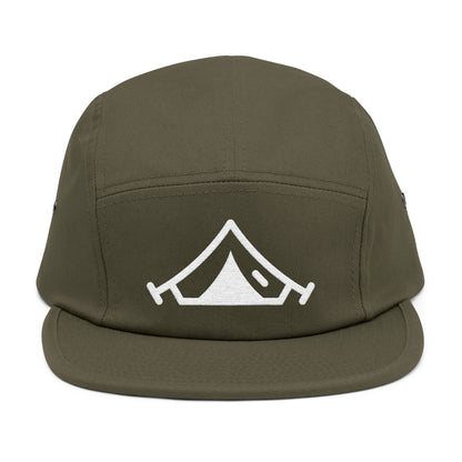 Green cap with a white tent logo on a white background. Minimal embroidered camping tent icon in bold line style. TEEZOCA