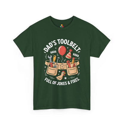 TEEZOCA green “Dad’s Toolbelt Full Of Jokes & Fixes” funny dad T‑shirt shown flat.