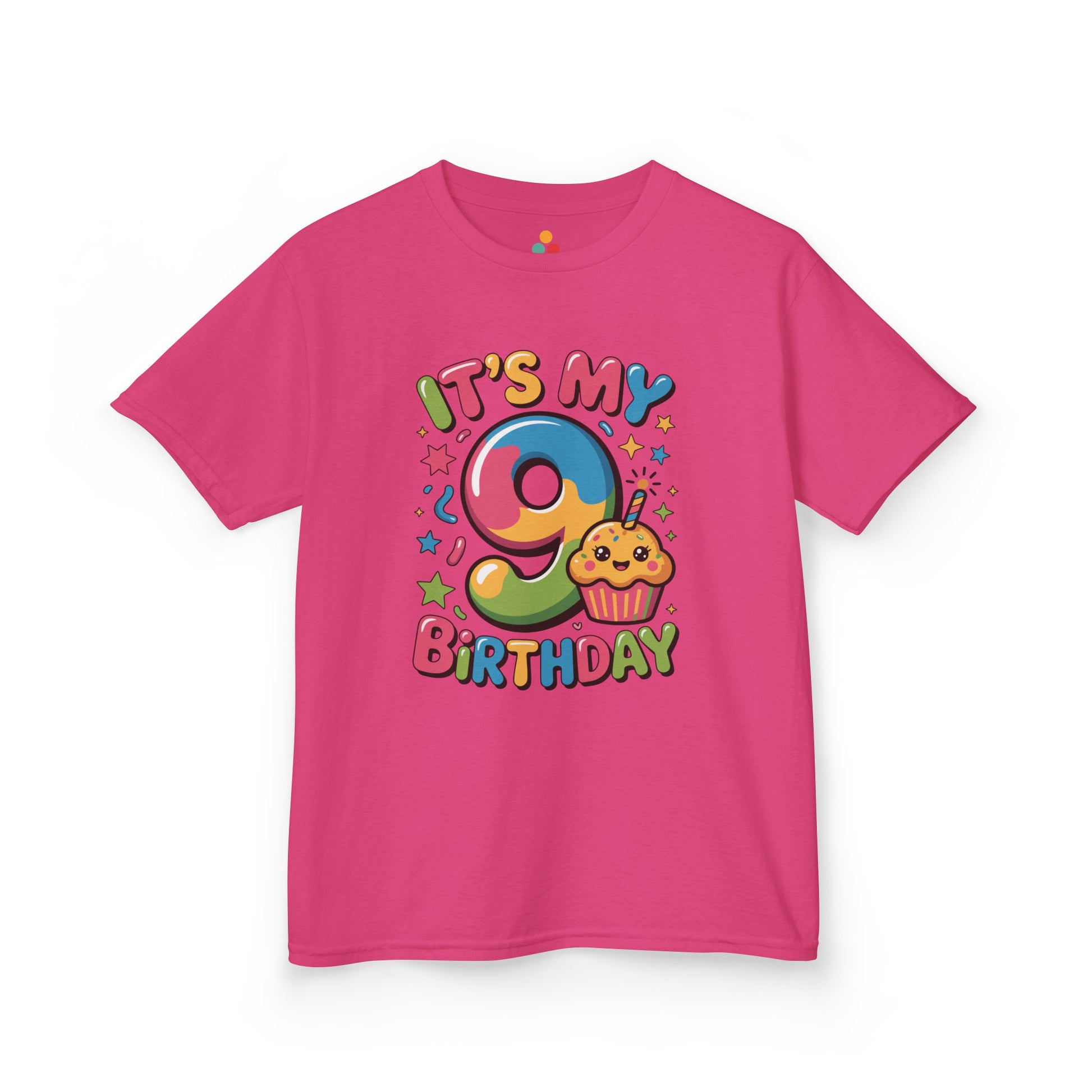 “Hot pink ‘It’s My 9th Birthday’ shirt featuring rainbow number 9 and kawaii cupcake, girls birthday top.”
