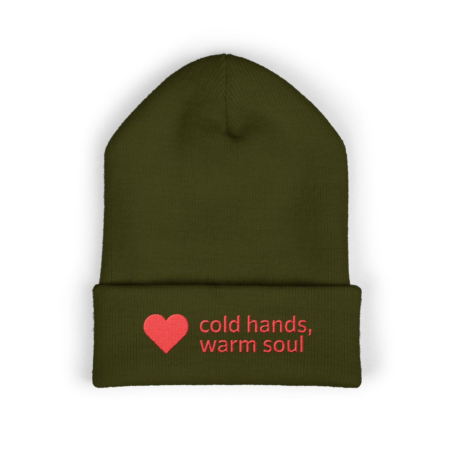 Soft acrylic knit beanie with sweet cold hands warm soul message on the cuff