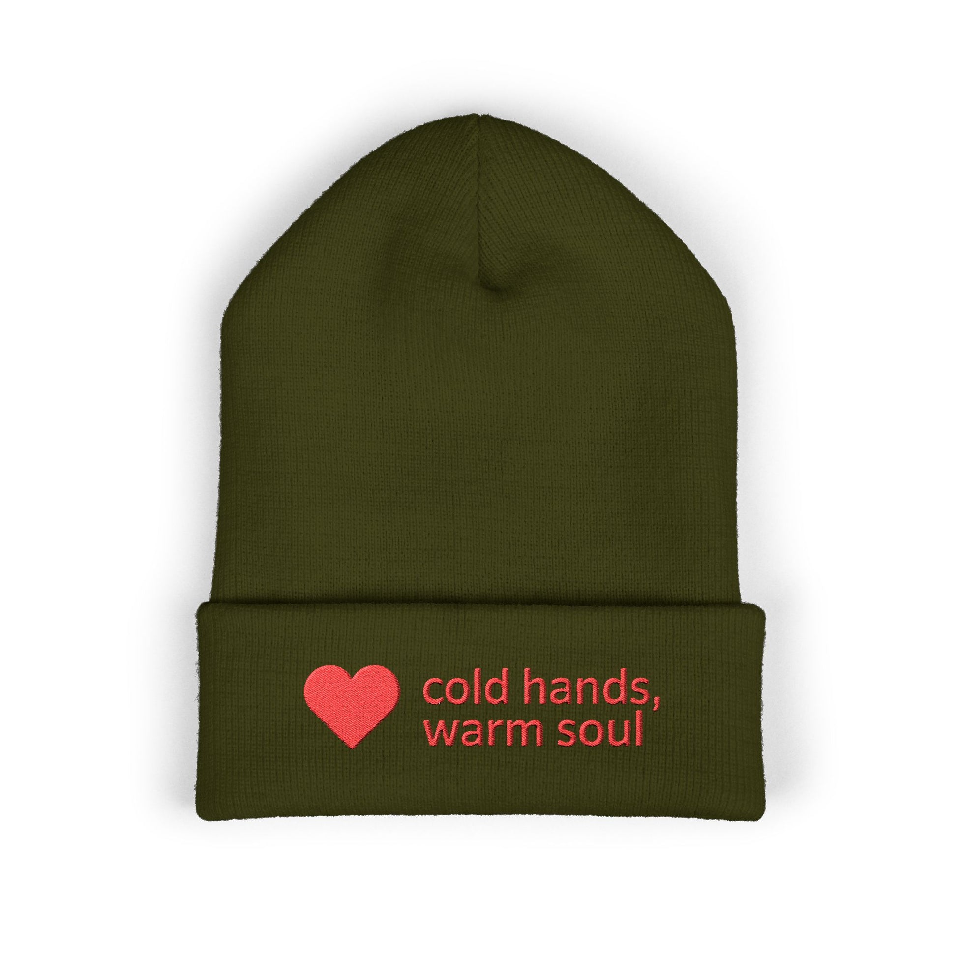 Soft acrylic knit beanie with sweet cold hands warm soul message on the cuff