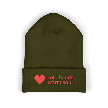 Soft acrylic knit beanie with sweet cold hands warm soul message on the cuff