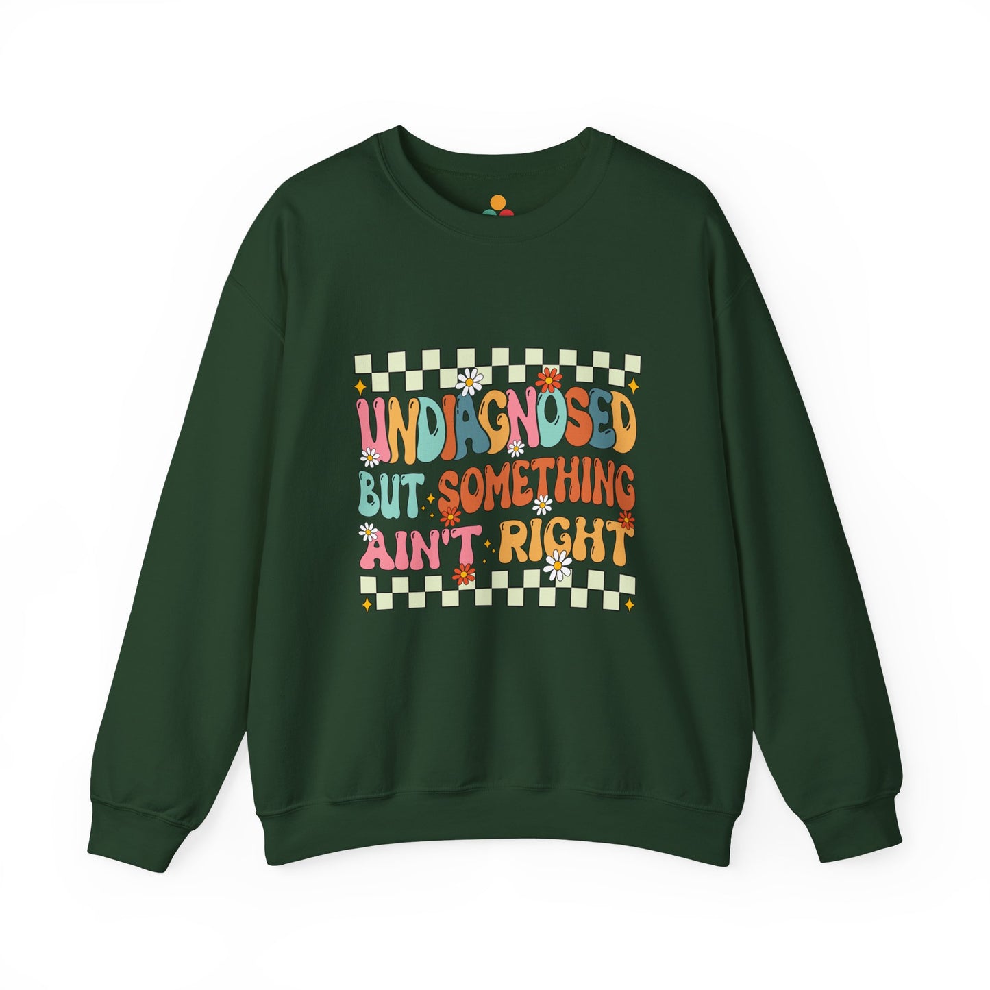Green sweatshirt with colorful text and pattern on a white background
