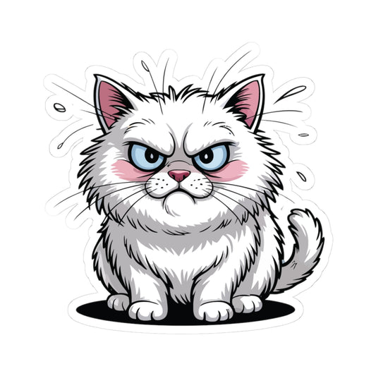 TEEZOCA grumpy white cat cartoon sticker with angry expression