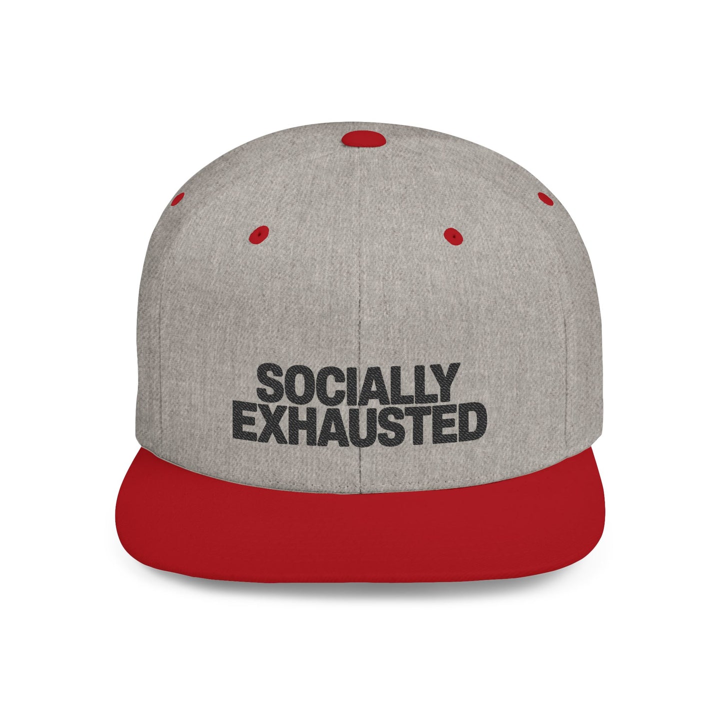 Gray cap with red brim and 'SOCIALLY EXHAusted' text on a white background