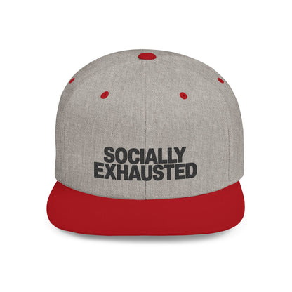Gray cap with red brim and 'SOCIALLY EXHAusted' text on a white background