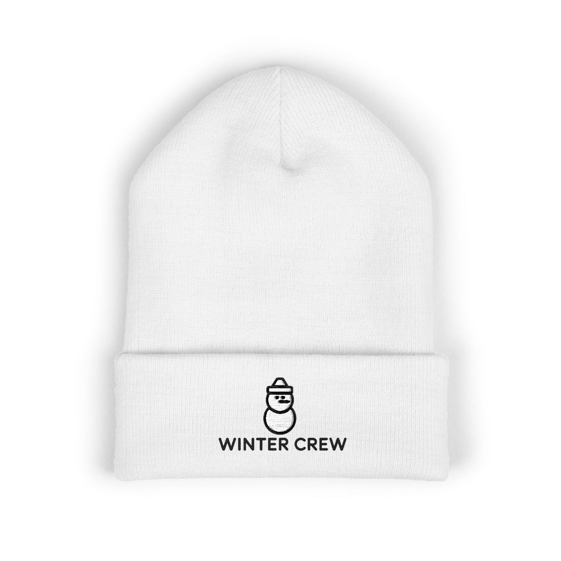 White beanie with 'Winter Crew' logo on a white background. Embroidered Winter Crew beanie with minimalist snowman icon on the cuff