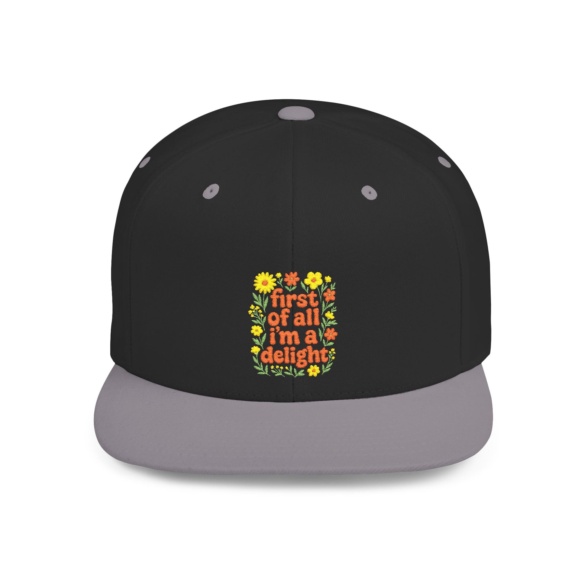Black and gray cap with colorful floral design and text on a white background