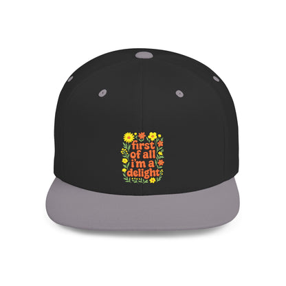 Black and gray cap with colorful floral design and text on a white background
