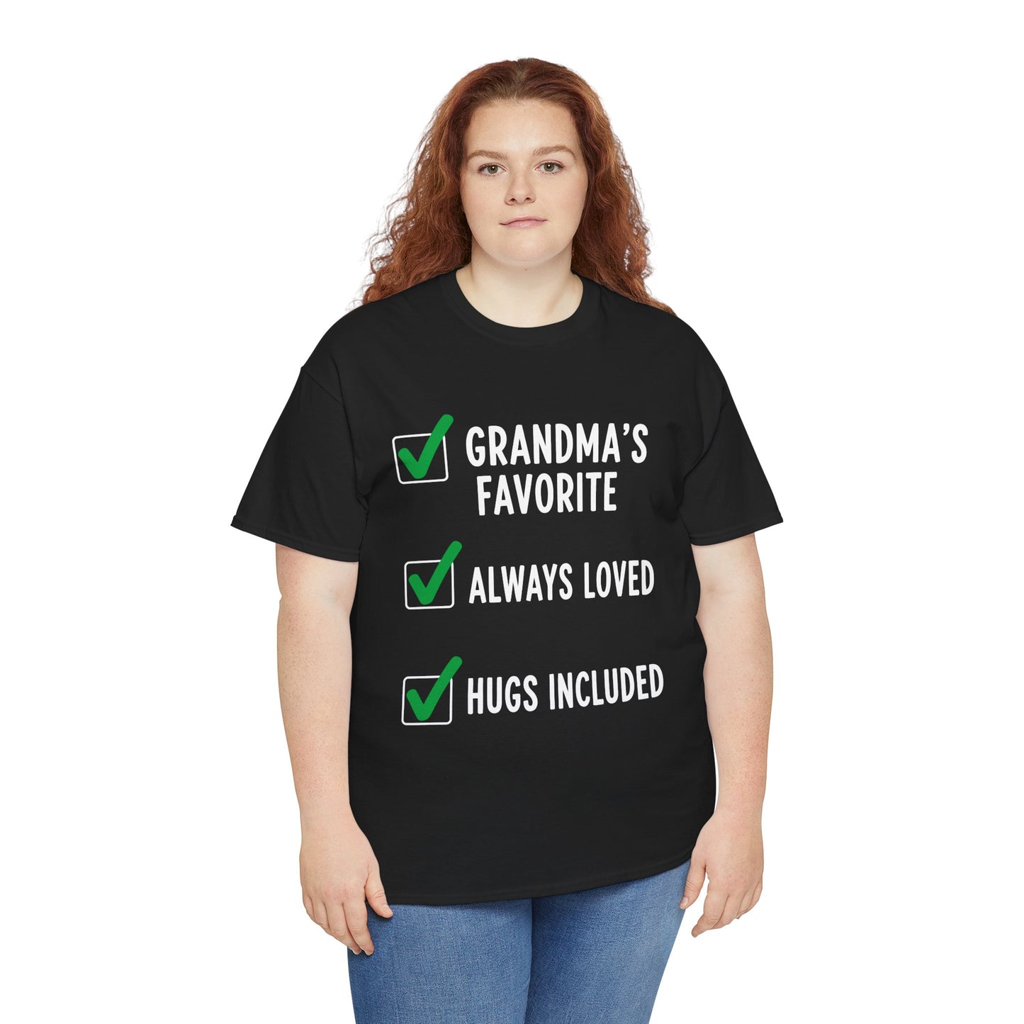 Woman modeling a TEEZOCA “Grandma’s Favorite Always Loved Hugs Included” family shirt.