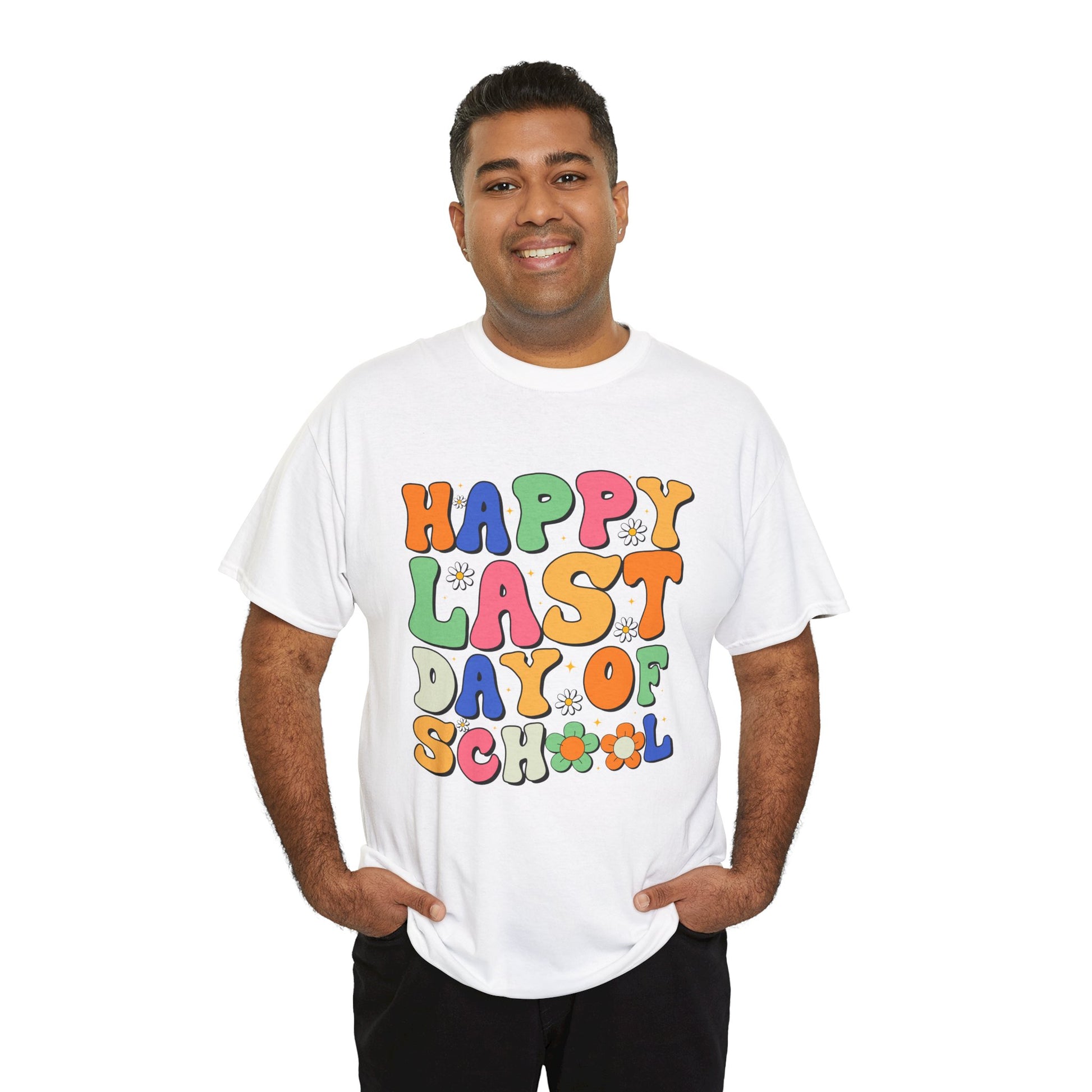 “Male student model in Teezoca Happy Last Day of School shirt, bright last day of school graphic, white tee, casual pose.”

