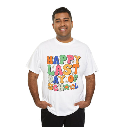 “Male student model in Teezoca Happy Last Day of School shirt, bright last day of school graphic, white tee, casual pose.”

