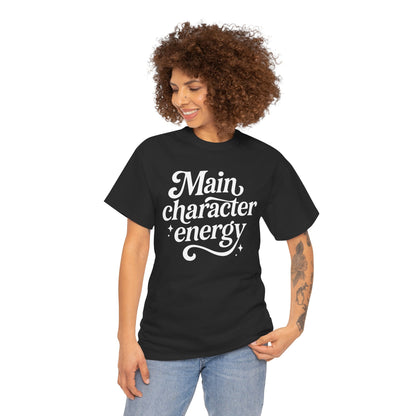 “Female model wearing Teezoca Main Character Energy t-shirt, flowing white script confidence design, black unisex tee, front.”

