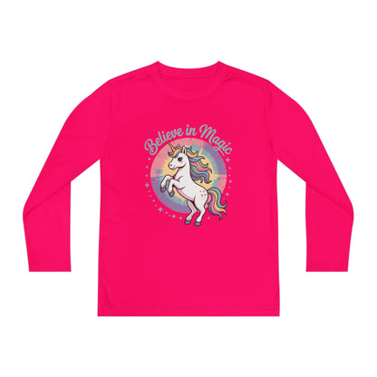 Youth Long Sleeve Tee – "Believe in Magic" Rainbow Unicorn Graphic TEEZOCA
