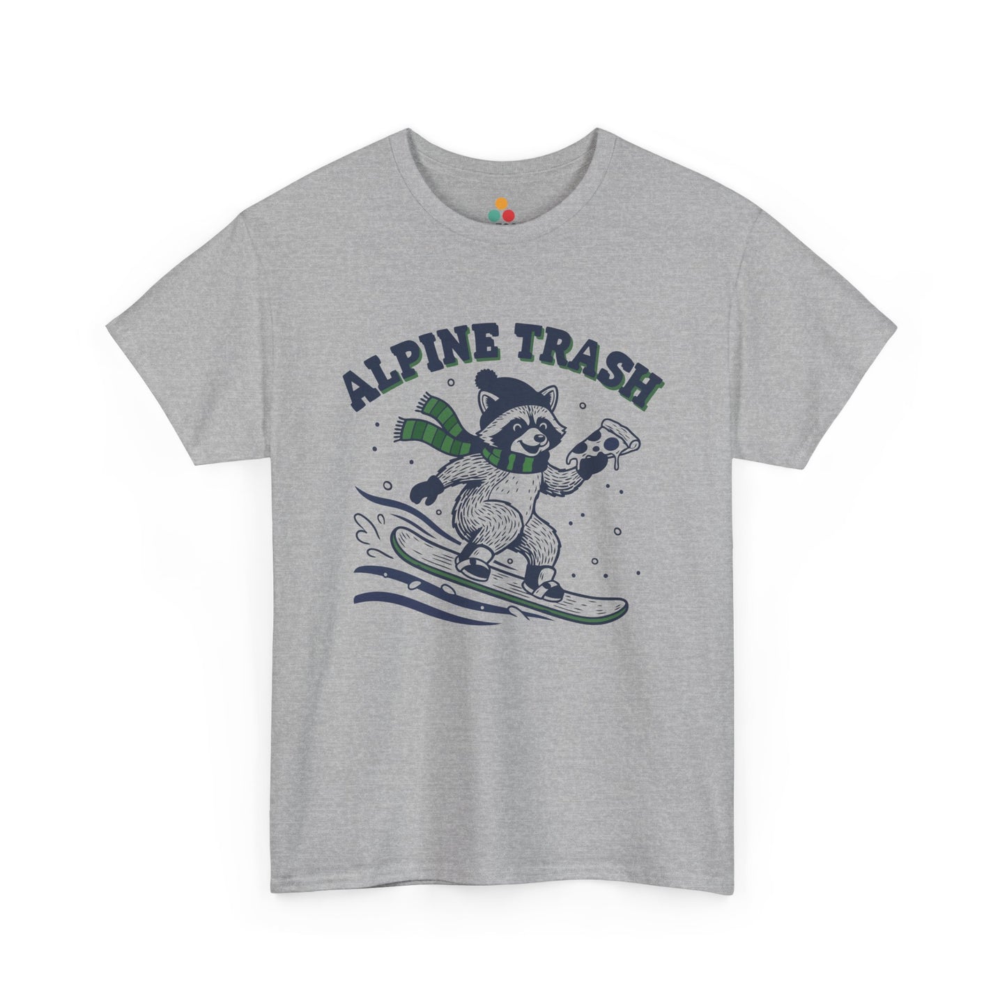 Alpine Trash Raccoon Snowboarding T‑Shirt – Funny Trash Panda Pizza Lover Ski Resort Tee | TEEZOCA 